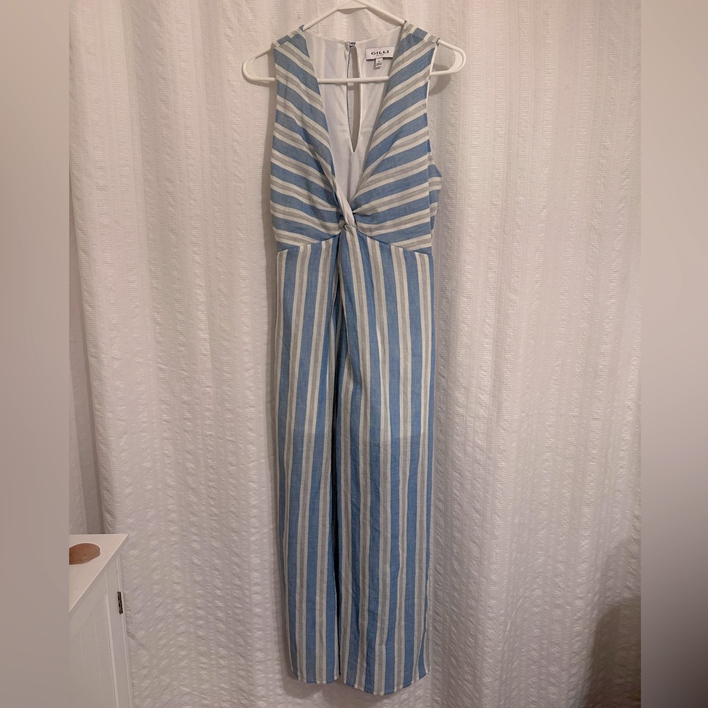 Blue and white stripe pant romper